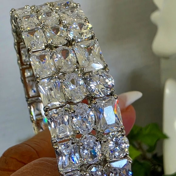 Quality Triple Row Cubic Zirconia Crystal Statement Bangle Bracelet - Picture 10 of 13